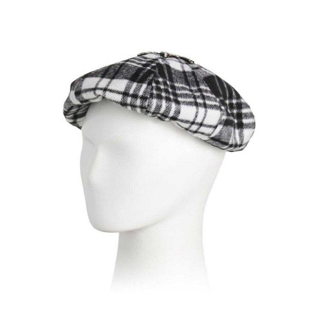 COPY - Badgley Mischka Beret Black & White Plaid Bejeweled Lined OS NWT